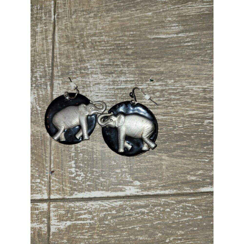 Round Hammered Metal And Black Elephant Earrings
